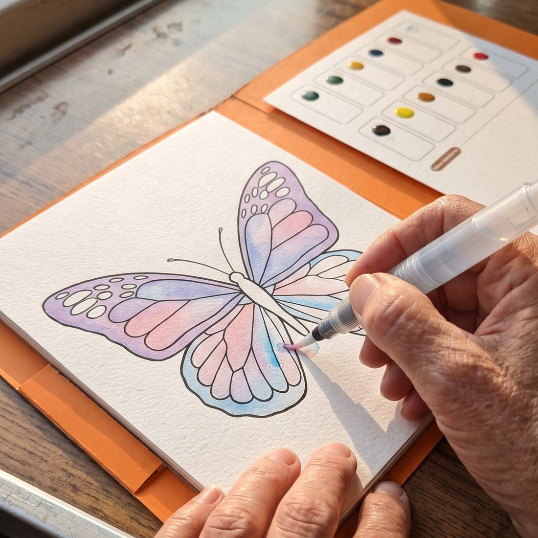 Mano pintando una mariposa con el pincel de agua sobre una lámina de acuarela