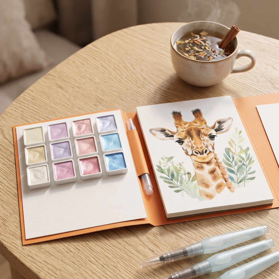 Cuaderno abierto con la lámina de la jirafa pintada y la paleta de acuarelas perladas