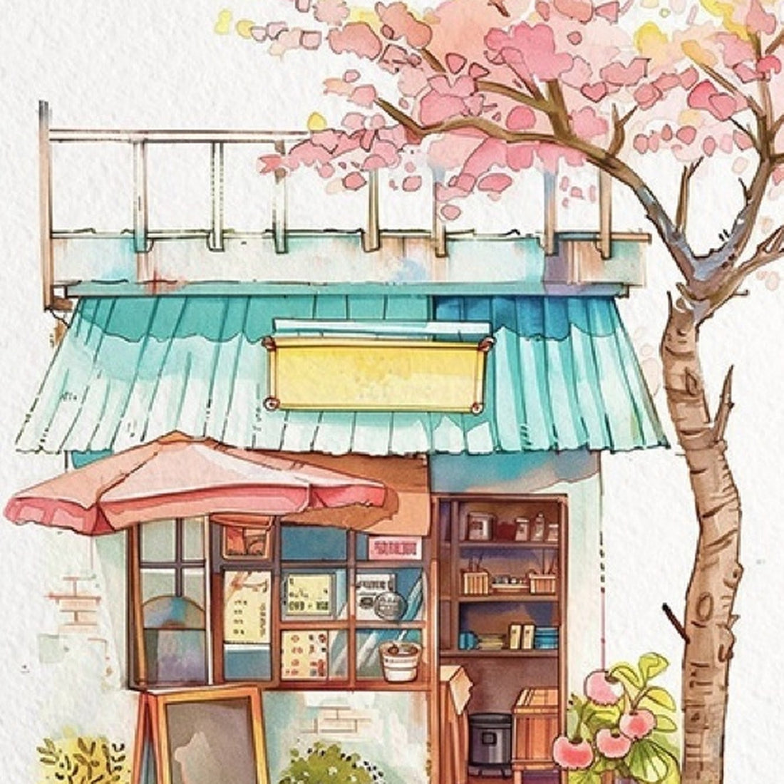 Lámina Rincón tranquilo ya pintada con acuarela: cafetería con cerezo en flor