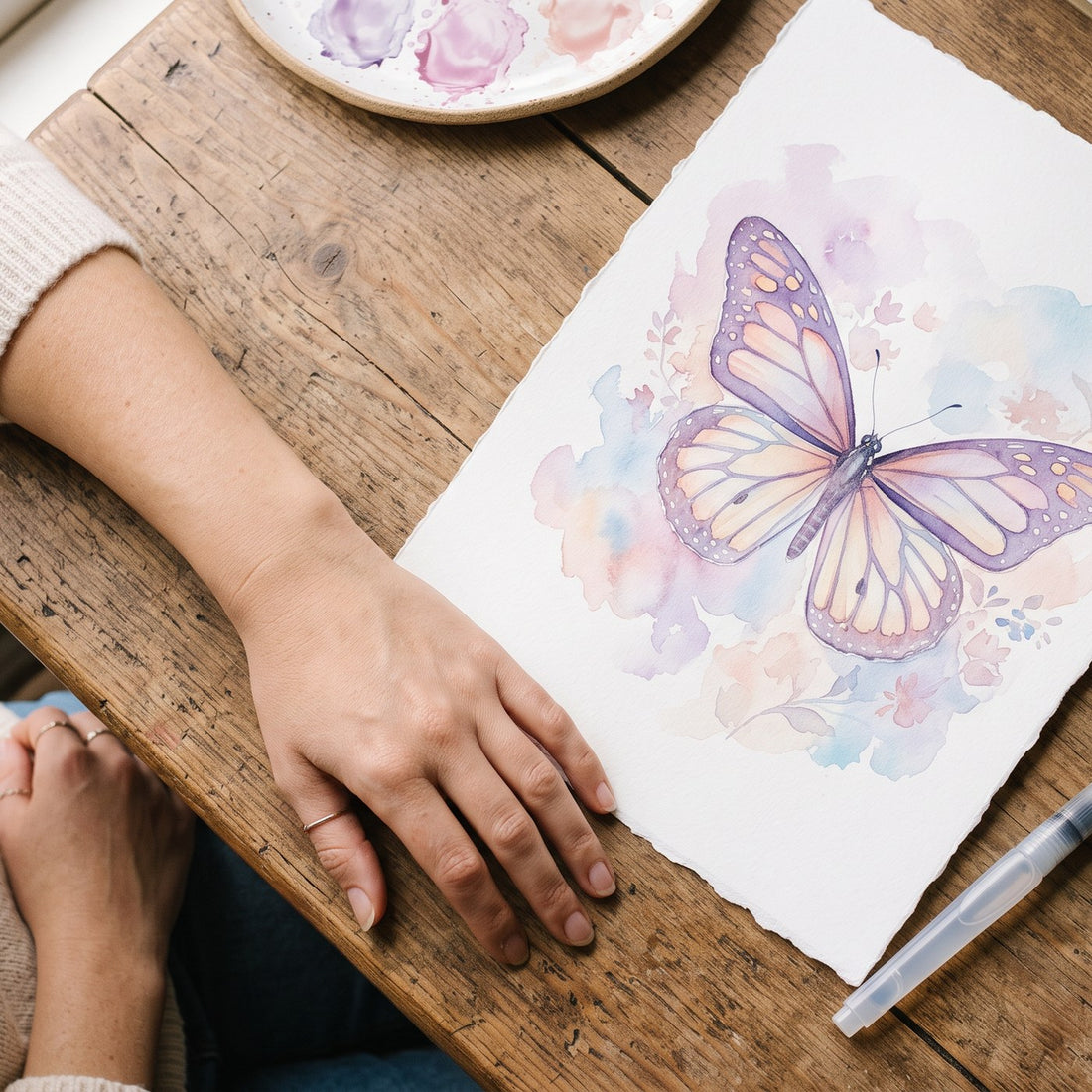 Lámina de mariposa terminada sobre la mesa, con la paleta al lado