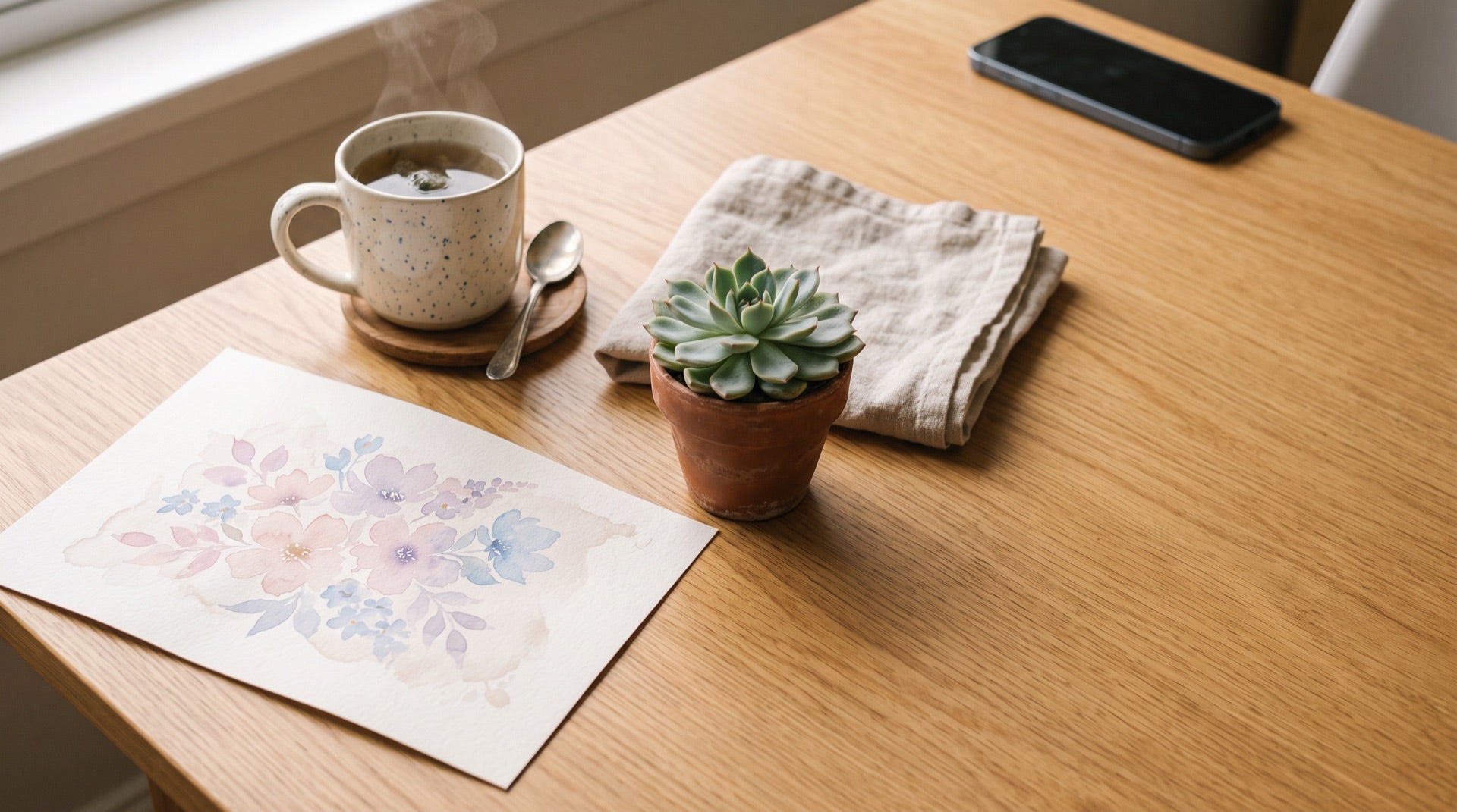 Mesa tranquila con té, planta y una acuarela secándose, con el móvil apartado