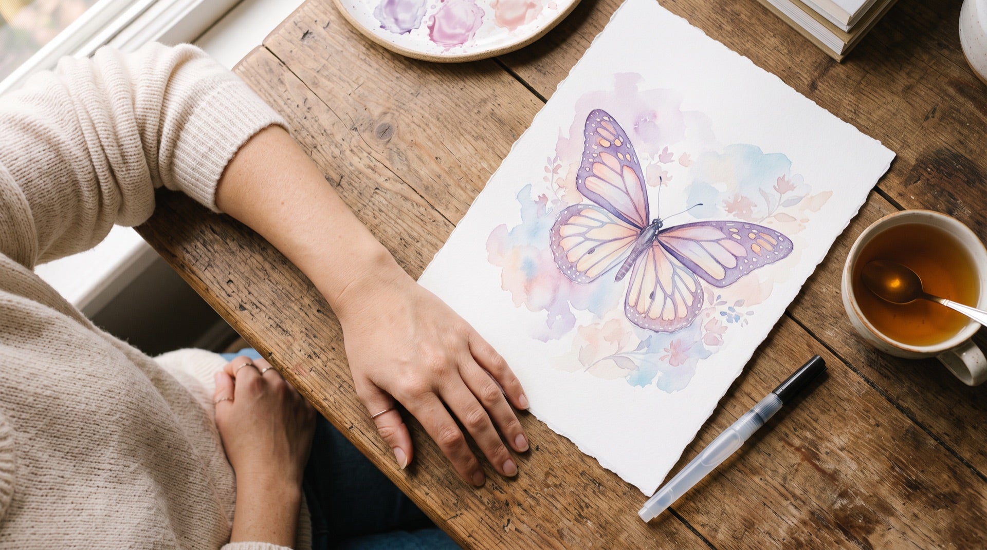 Mujer descansando junto a su acuarela de mariposa terminada