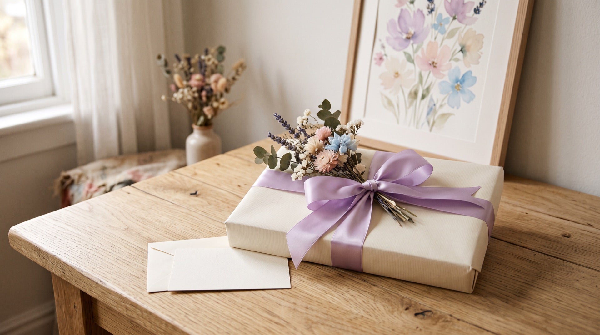 Regalo envuelto en papel crema con lazo lila y flores secas